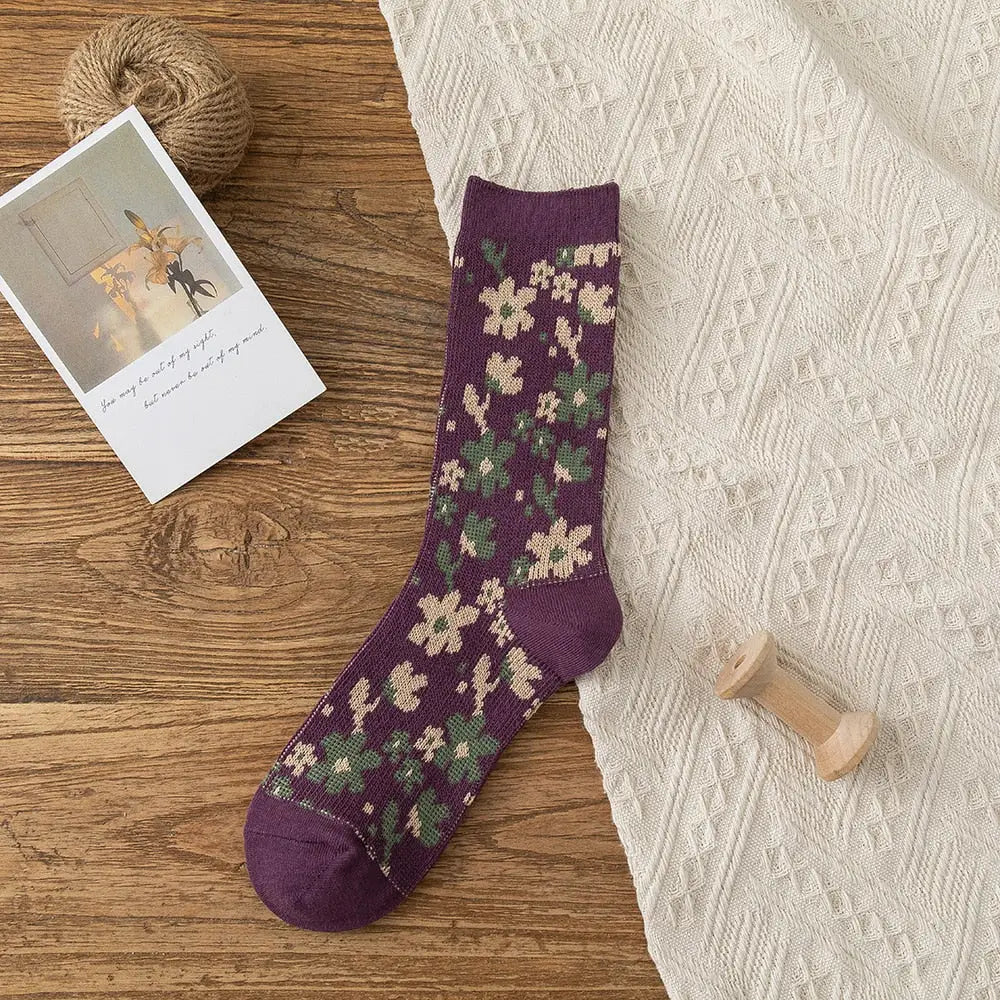 Solid Color Floral Socks - Purple / Free Size