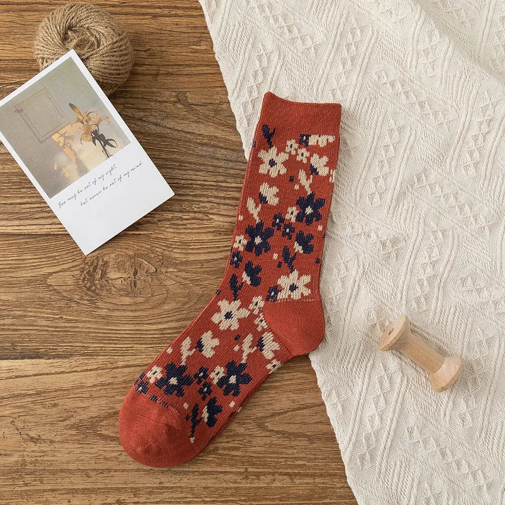 Solid Color Floral Socks - Red / Free Size
