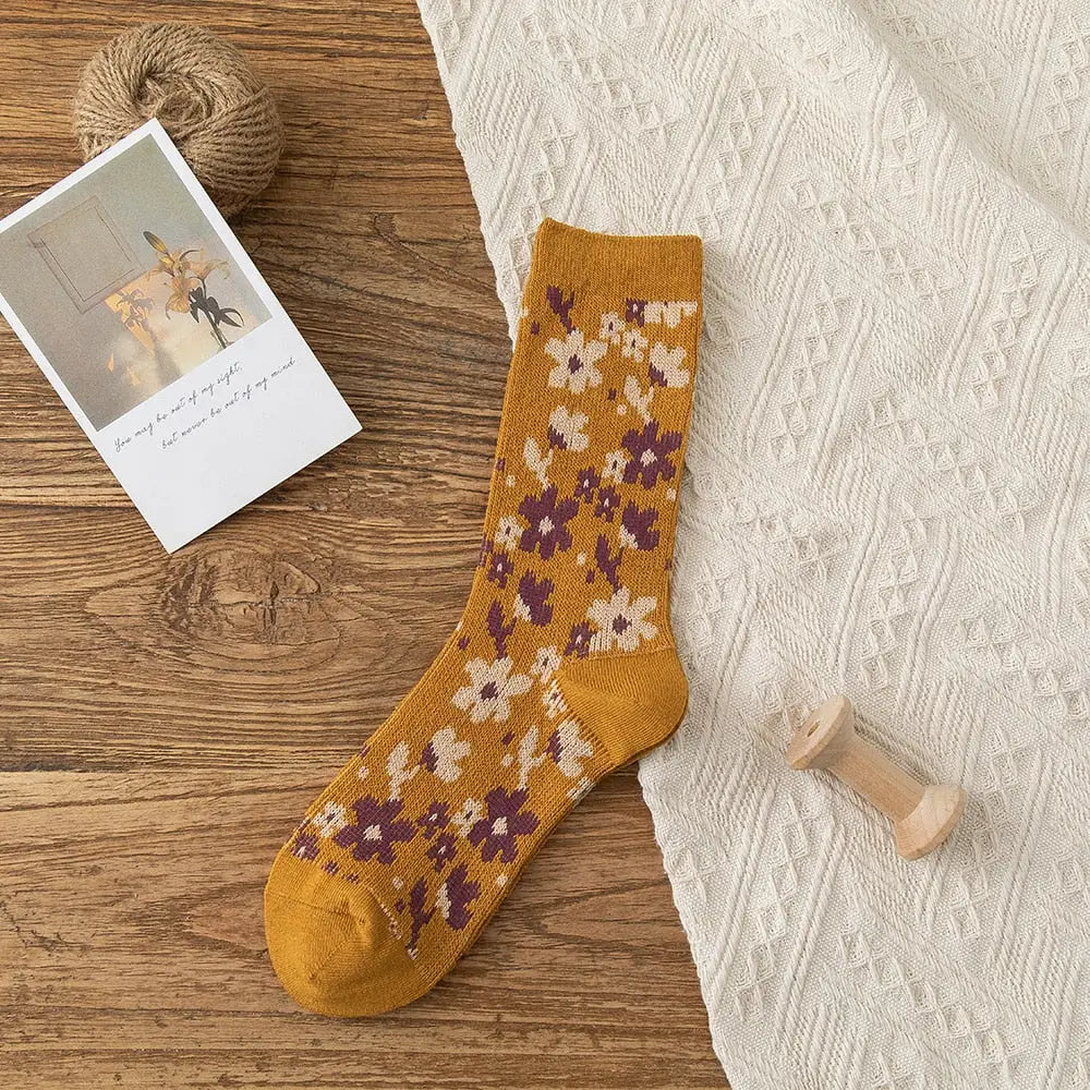 Solid Color Floral Socks - Yellow / Free Size