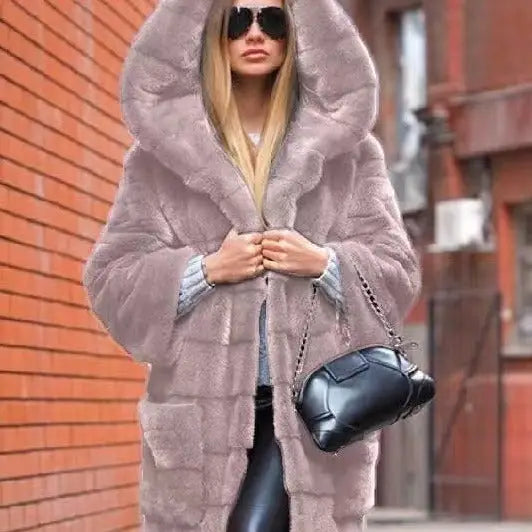 Solid Color Furry Warm Faux Fur Long Coat - Pink / S