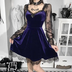 Solid Color Gothic Lace Stitching Long Flare Sleeve Dress