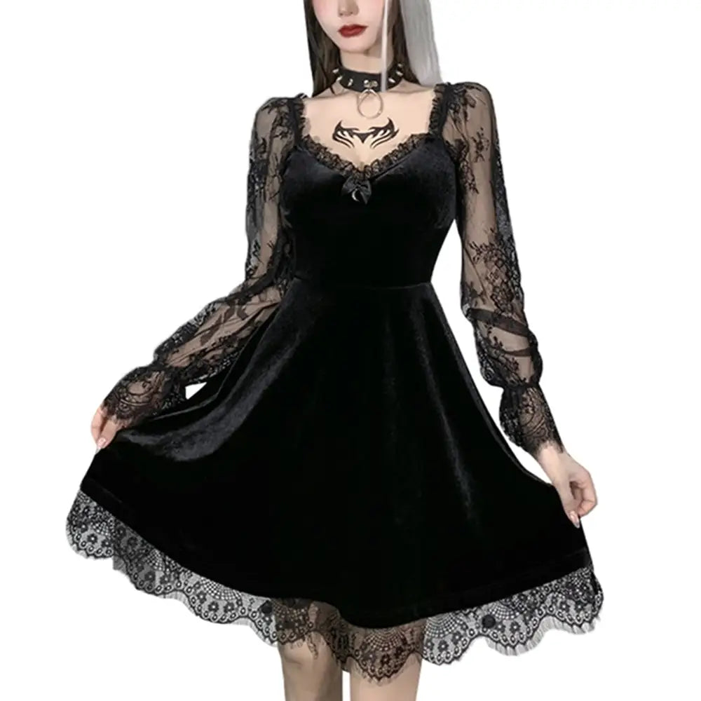 Solid Color Gothic Lace Stitching Long Flare Sleeve Dress