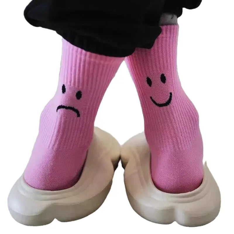 Solid Color Happy And Sad Faces Socks - Pink / One Size