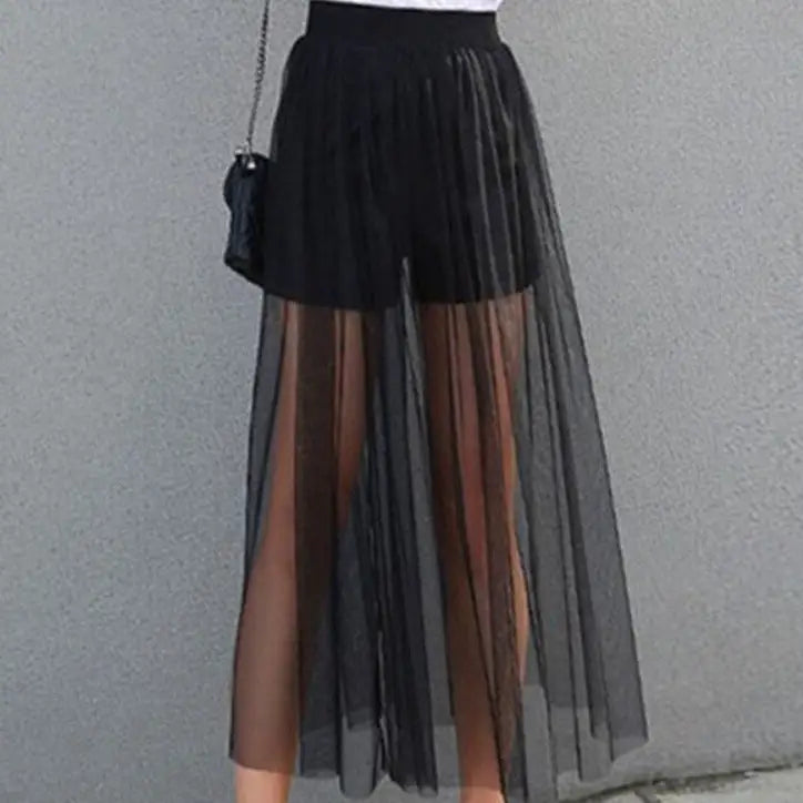 Solid Color High Waist Mesh Skirts - One Size / Black