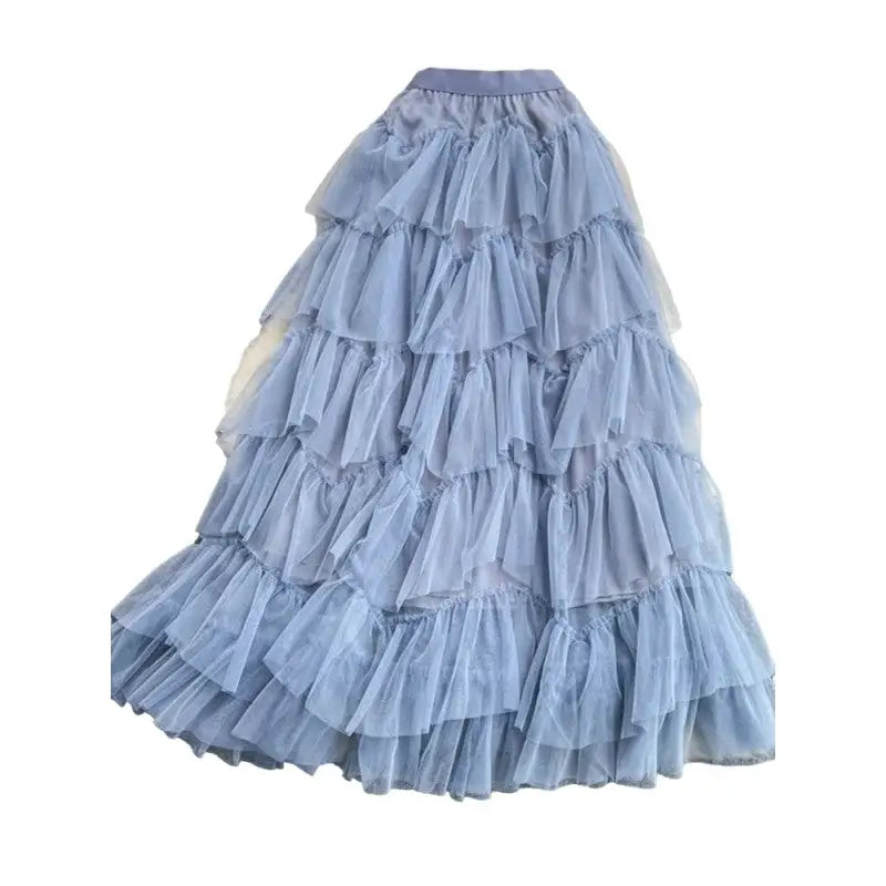 Solid Color High Waist Tutu Long Skirts - Blue / One Size