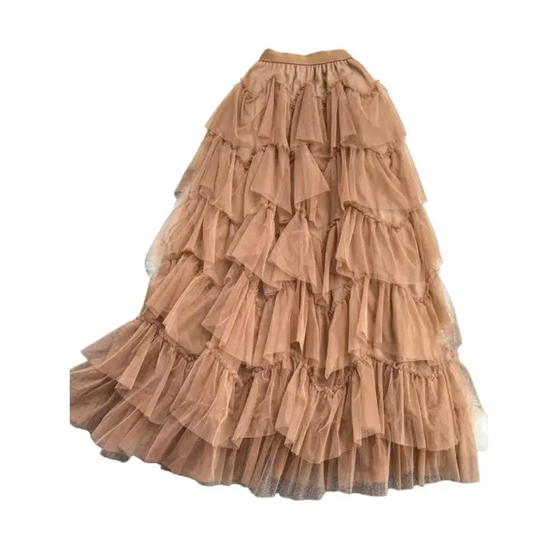 Solid Color High Waist Tutu Long Skirts - Khaki / One Size