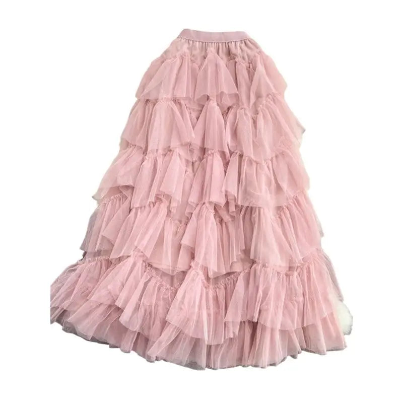 Solid Color High Waist Tutu Long Skirts - Pink / One Size