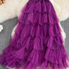 Solid Color High Waist Tutu Long Skirts - Skirt