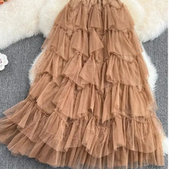Solid Color High Waist Tutu Long Skirts - Skirt