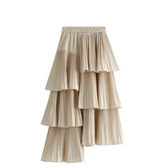 Solid Color Korean Asymmetrical Pleated Skirt - Beige