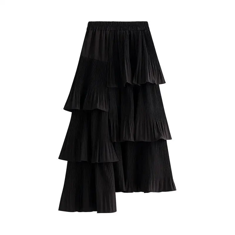 Solid Color Korean Asymmetrical Pleated Skirt - Black