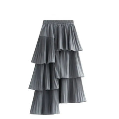 Solid Color Korean Asymmetrical Pleated Skirt - Grey