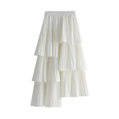 Solid Color Korean Asymmetrical Pleated Skirt - White