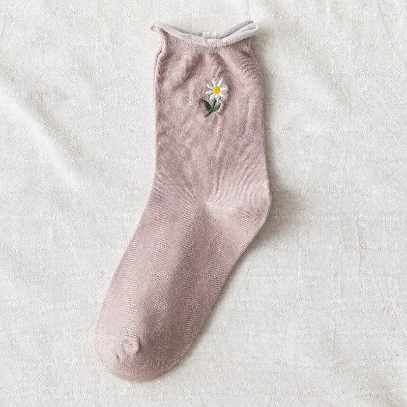 Solid Color Little Flower Socks