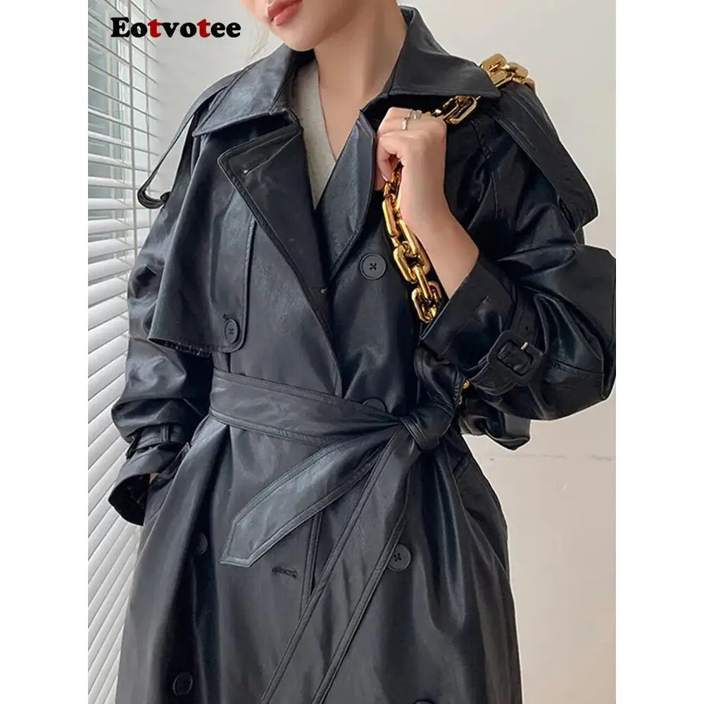 Solid Color Long PU Leather Trench Coat