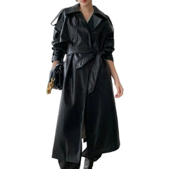 Solid Color Long PU Leather Trench Coat