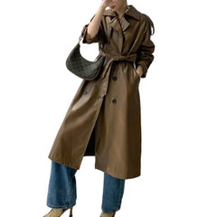 Solid Color Long PU Leather Trench Coat