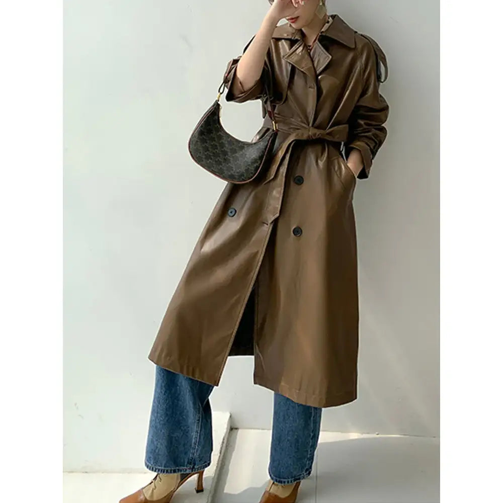 Solid Color Long PU Leather Trench Coat