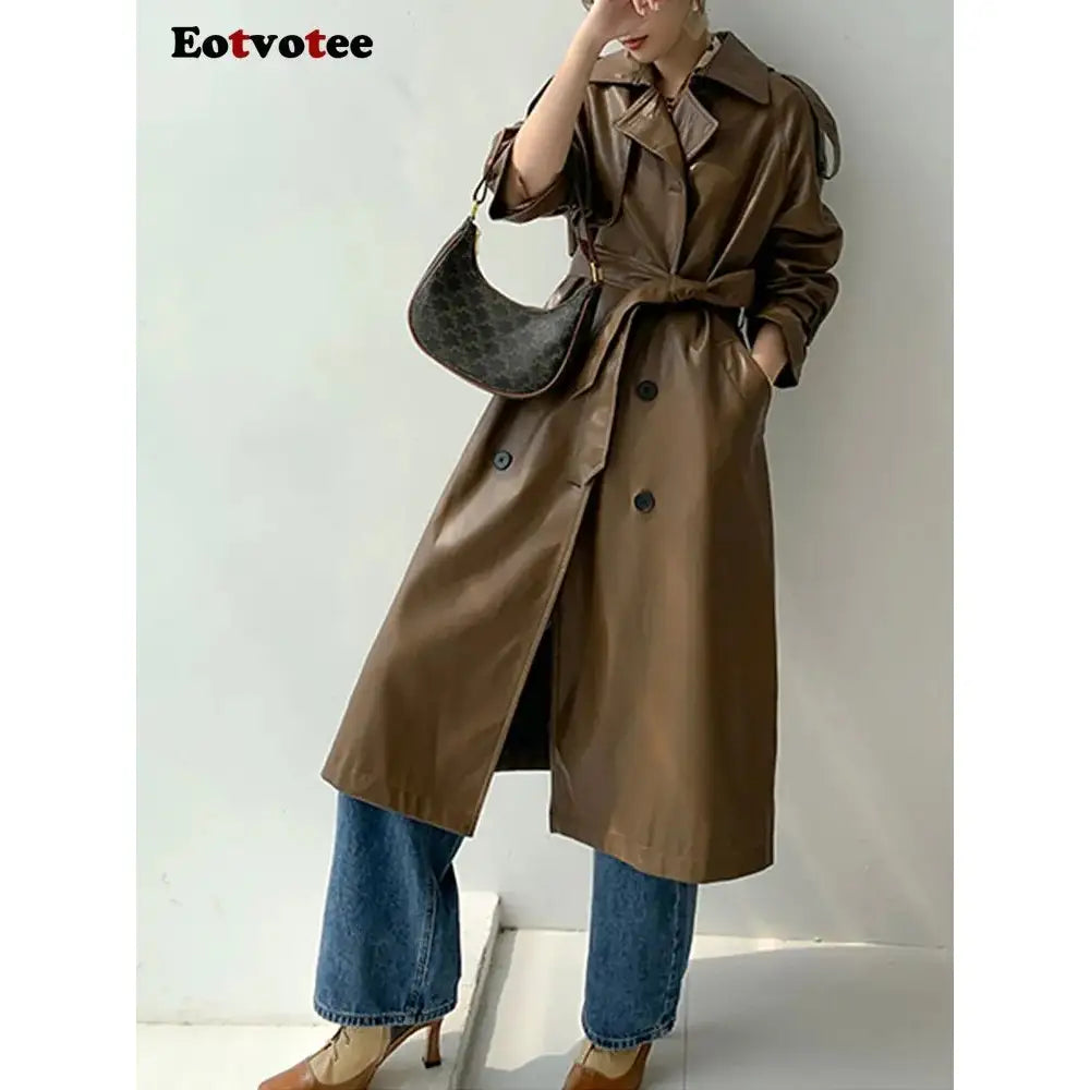 Solid Color Long PU Leather Trench Coat