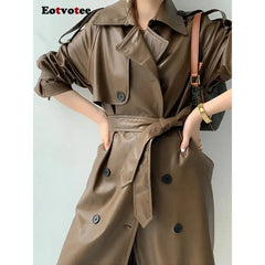 Solid Color Long PU Leather Trench Coat