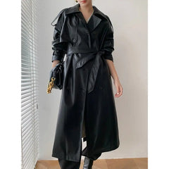 Solid Color Long PU Leather Trench Coat