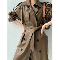 Solid Color Long PU Leather Trench Coat