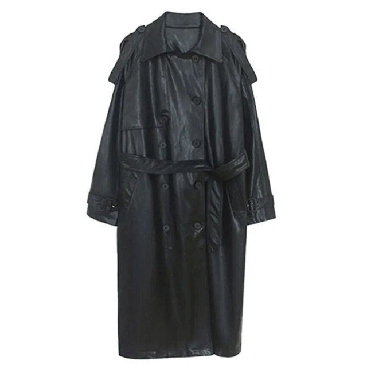 Solid Color Long PU Leather Trench Coat