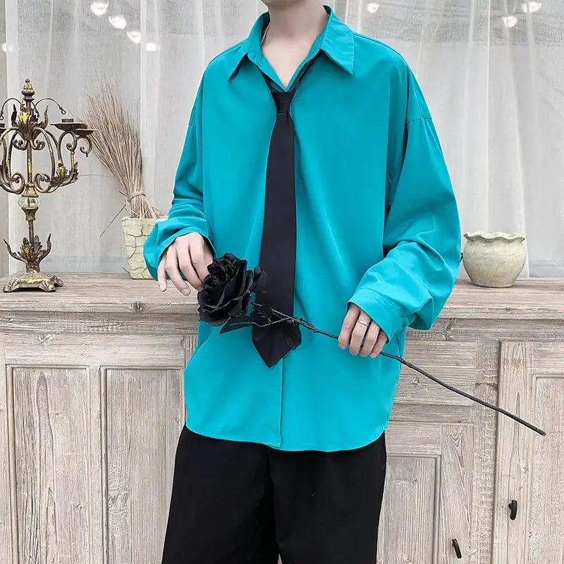 Solid Color Long Sleeve Loose Shirt - Cyan-Blue / M
