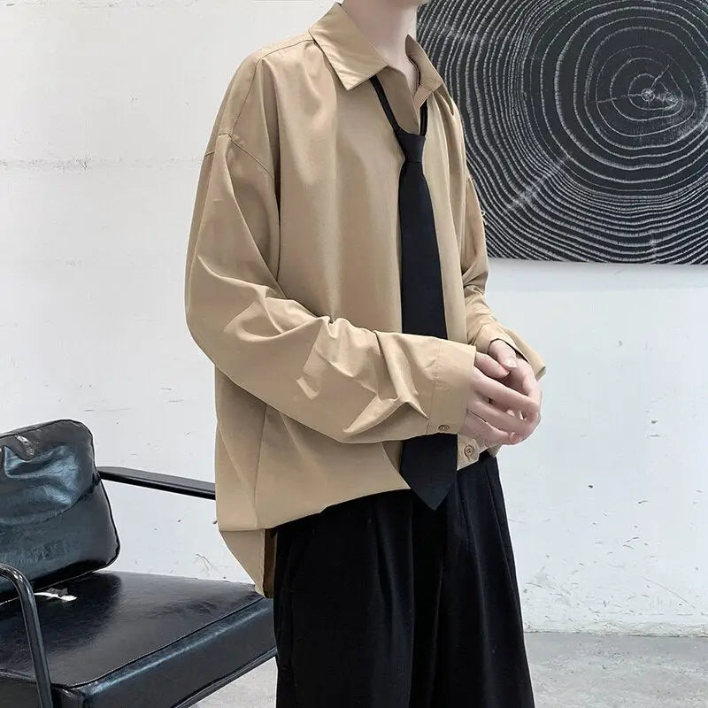 Solid Color Long Sleeve Loose Shirt - Khaki / M