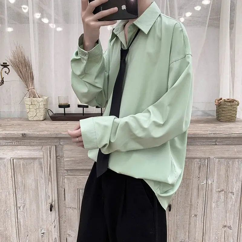 Solid Color Long Sleeve Loose Shirt - Light Green / M