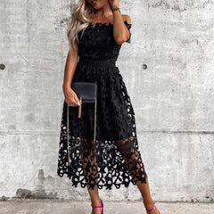 Solid Color Loose-Fit Openwork Lace Dress