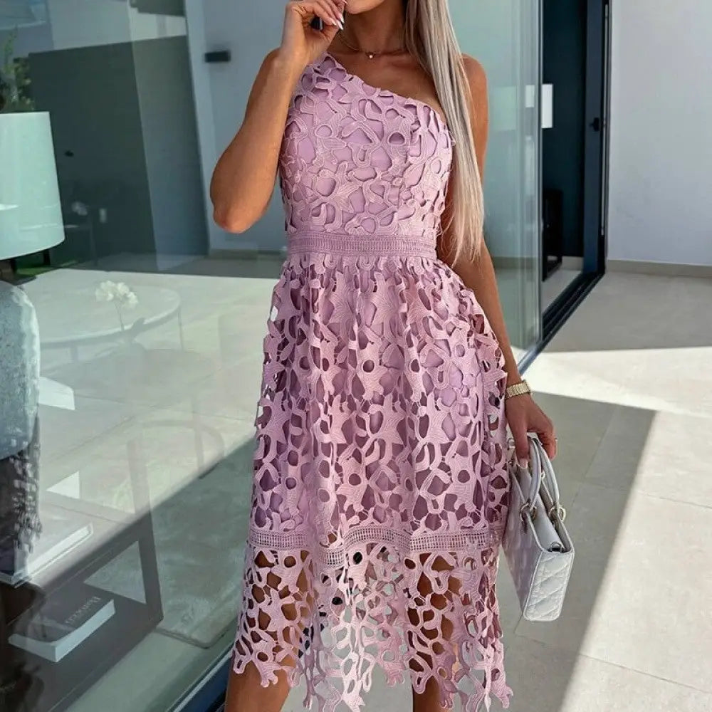 Solid Color Loose-Fit Openwork Lace Dress - Pink- Light / S