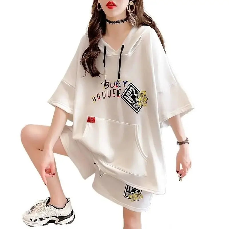 Solid Color Loose Short Sleeve Sports Two Piece Set