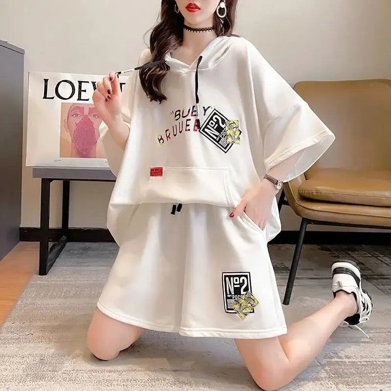 Solid Color Loose Short Sleeve Sports Two Piece Set