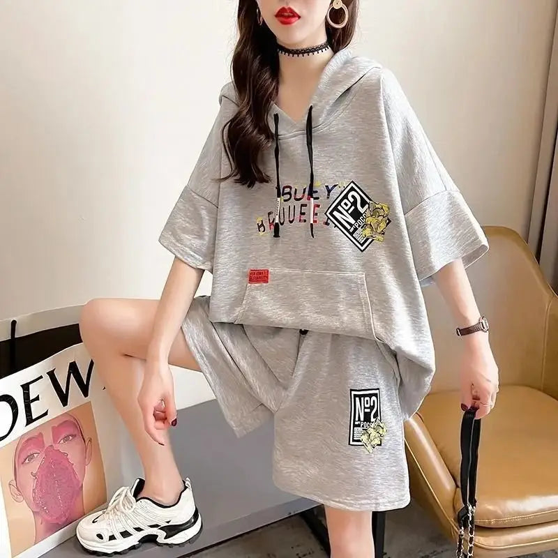 Solid Color Loose Short Sleeve Sports Two Piece Set