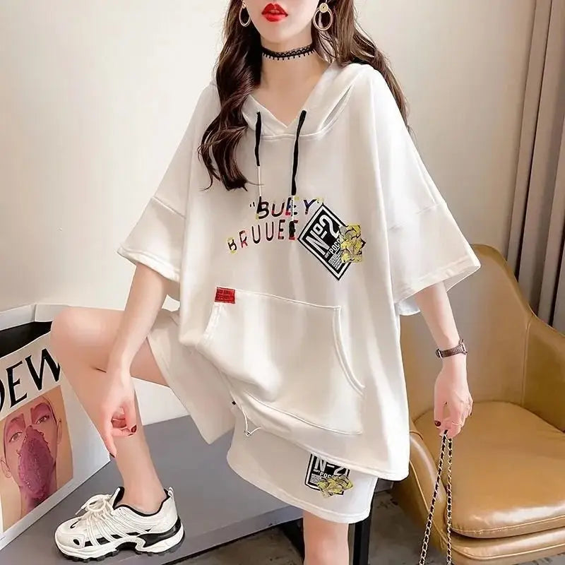 Solid Color Loose Short Sleeve Sports Two Piece Set - White