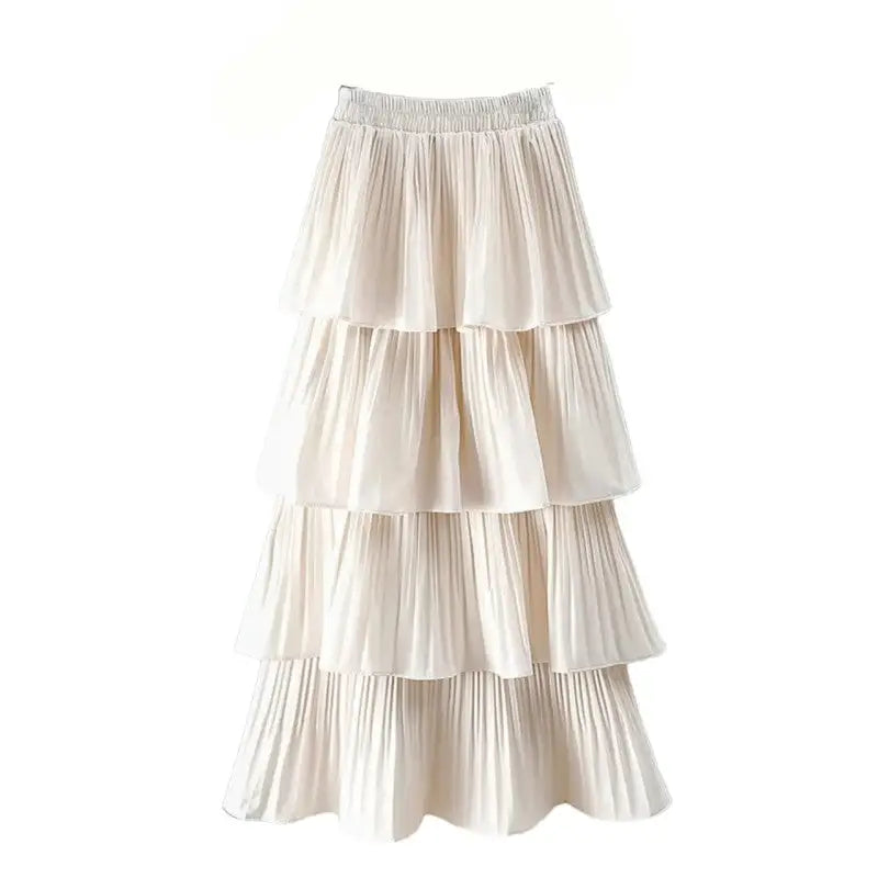 Solid Color Multi-layer Pleated Ankle Skirt - Apricot