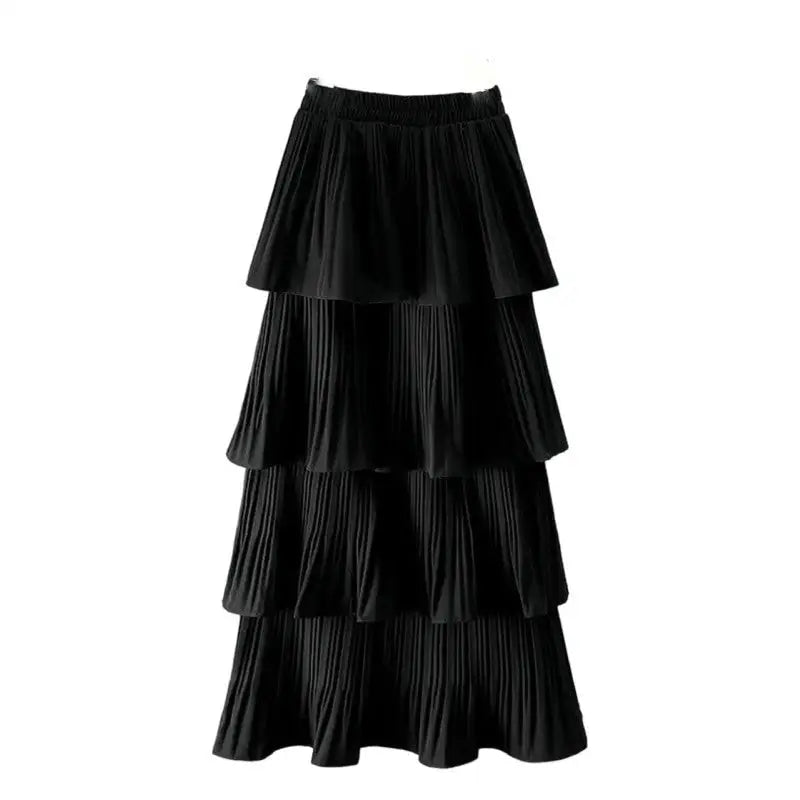 Solid Color Multi-layer Pleated Ankle Skirt - Black