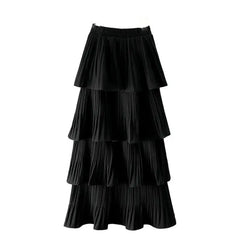 Solid Color Multi-layer Pleated Ankle Skirt - Black