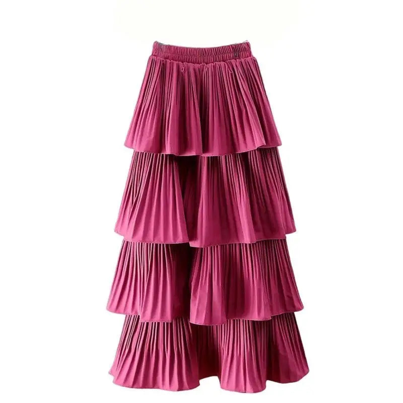 Solid Color Multi-layer Pleated Ankle Skirt - Fuchsia