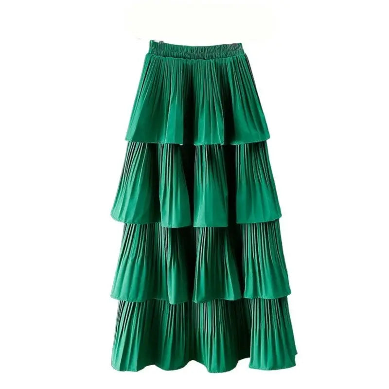 Solid Color Multi-layer Pleated Ankle Skirt - Green
