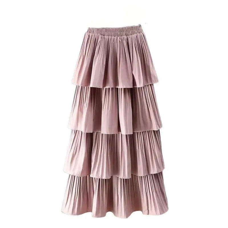 Solid Color Multi-layer Pleated Ankle Skirt - Pink
