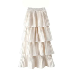 Solid Color Multi-layer Pleated Ankle Skirt - White