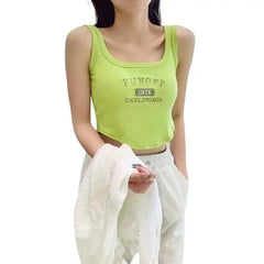 Solid Color O Neck Knit White Crop Top Green. / ONE SIZE