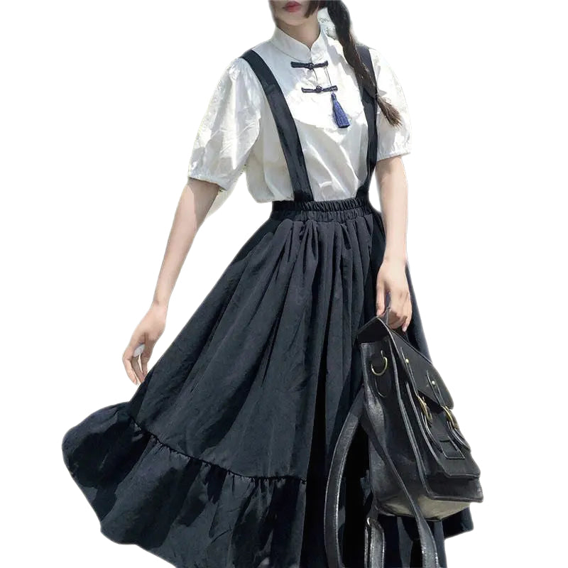 Solid Color Overall High Waist Suspender Maxi Skirt