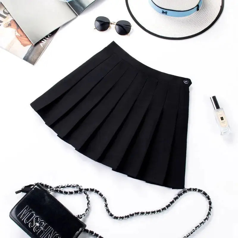 Solid Color Plaid Zipper High Waist Short Skirt - Black / XS