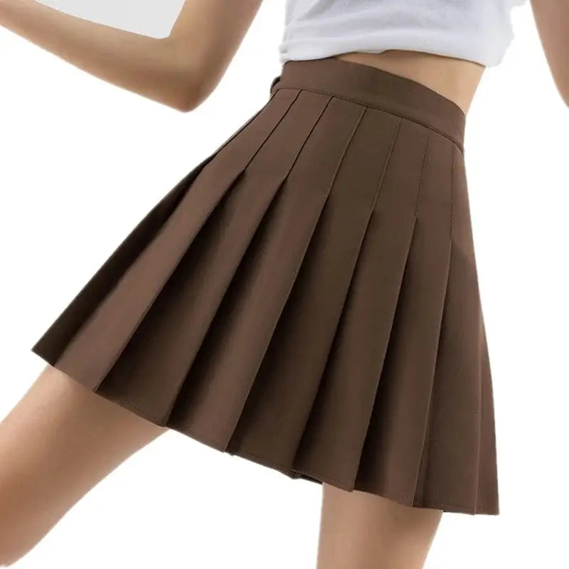 Solid Color Plaid Zipper High Waist Short Skirt - Brown / XS