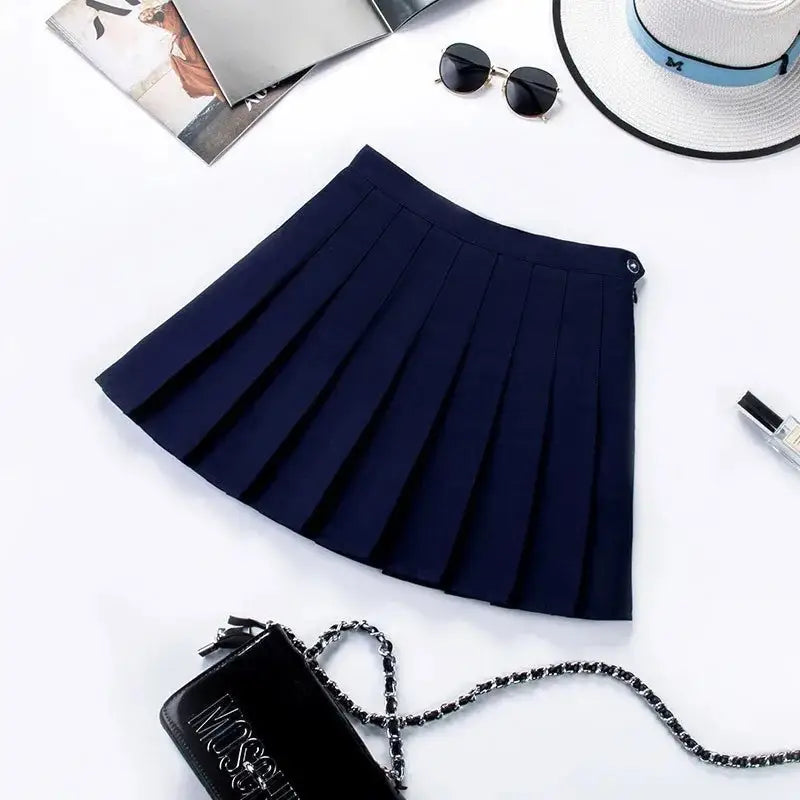 Solid Color Plaid Zipper High Waist Short Skirt - Dark Blue