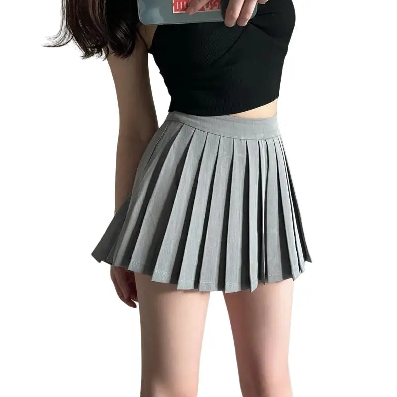 Solid Color Pleated Elastic Waist Mini Skirts - Gray / XS