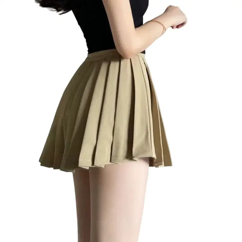 Solid Color Pleated Elastic Waist Mini Skirts - Khaki / XS